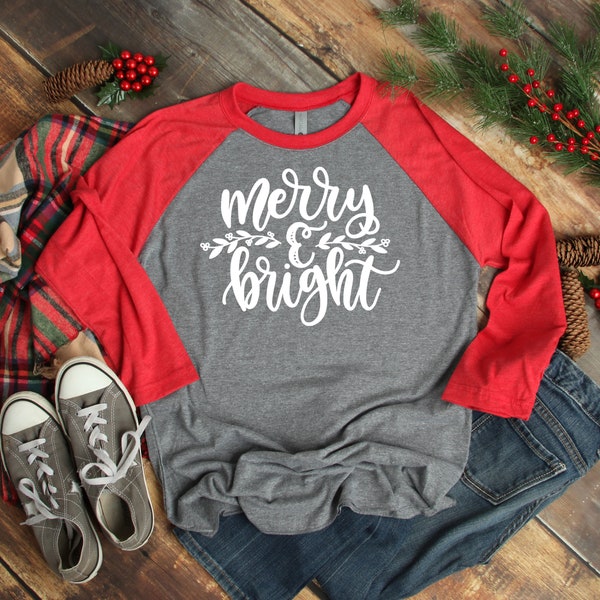 Merry and Bright 3/4 Sleeve Christmas Shirt