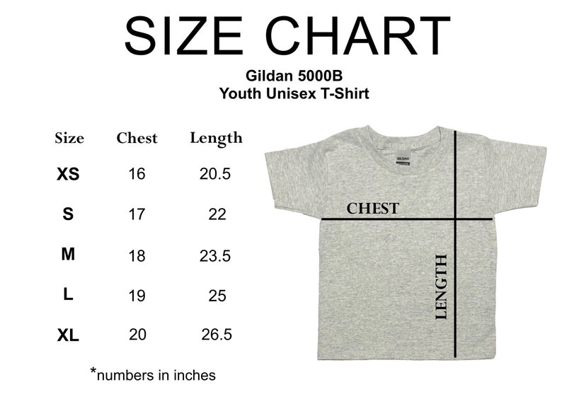 May include: A size chart for a Gildan 5000B Youth Unisex T-Shirt. The chart includes chest and length measurements in inches for sizes XS to XL. A gray t-shirt is shown with chest and length indicators.