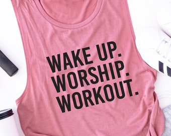 Workout Tank. Wake Up Worship Workout. Motivation. Christian Tank Top. Fueled By Jesus. Faith Fitness. Fitness Tank. Inspiration. Love Jesus