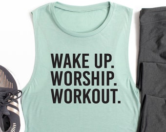 Workout Tank. Wake Up Worship Workout. ORIGINAL. Motivation. Christian Shirt. Fueled By Jesus. Faith Fitness Tank. Inspiration. Love Jesus