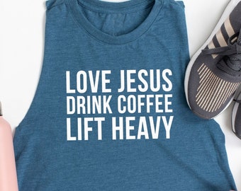 Love Jesus Drink Coffee Lift Heavy CROPPED Tank Top. Fitness Tank. Workout Shirt. Gym Tank. Boxing. Faith Fitness. Wake Pray Slay. LFT HVY