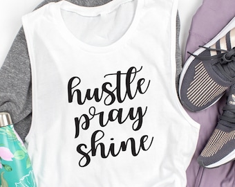 Workout Tank. Hustle Pray Shine. Goals. Christian Shirt. Fueled By Jesus. Fitness Tank. Inspiration. Love Jesus