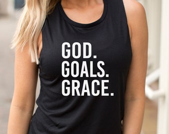 Workout Tank. GOD GOALS GRACE. Motivation. Christian Shirt. Fueled By Jesus. Fitness Tank. Inspiration. Faith Shirt