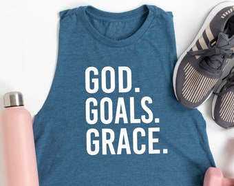 GOD GOALS GRACE Crop Tank. Fueled By Jesus. God Goals Grind Faith. Workout Tank. Fitness Tank. Inspiration. She Is Strong. Grit and Grace.