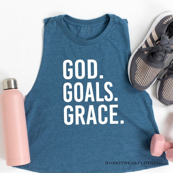 GOD GOALS GRACE Crop Tank. Fueled By Jesus. God Goals Grind Faith. Workout Tank. Fitness Tank. Inspiration. She Is Strong. Grit and Grace.