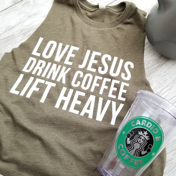 Love Jesus Drink Coffee Lift Heavy CROPPED Tank Top. Fitness Tank. Workout Shirt. Gym Tank. Boxing. Faith Fitness. Wake Pray Slay. LFT HVY