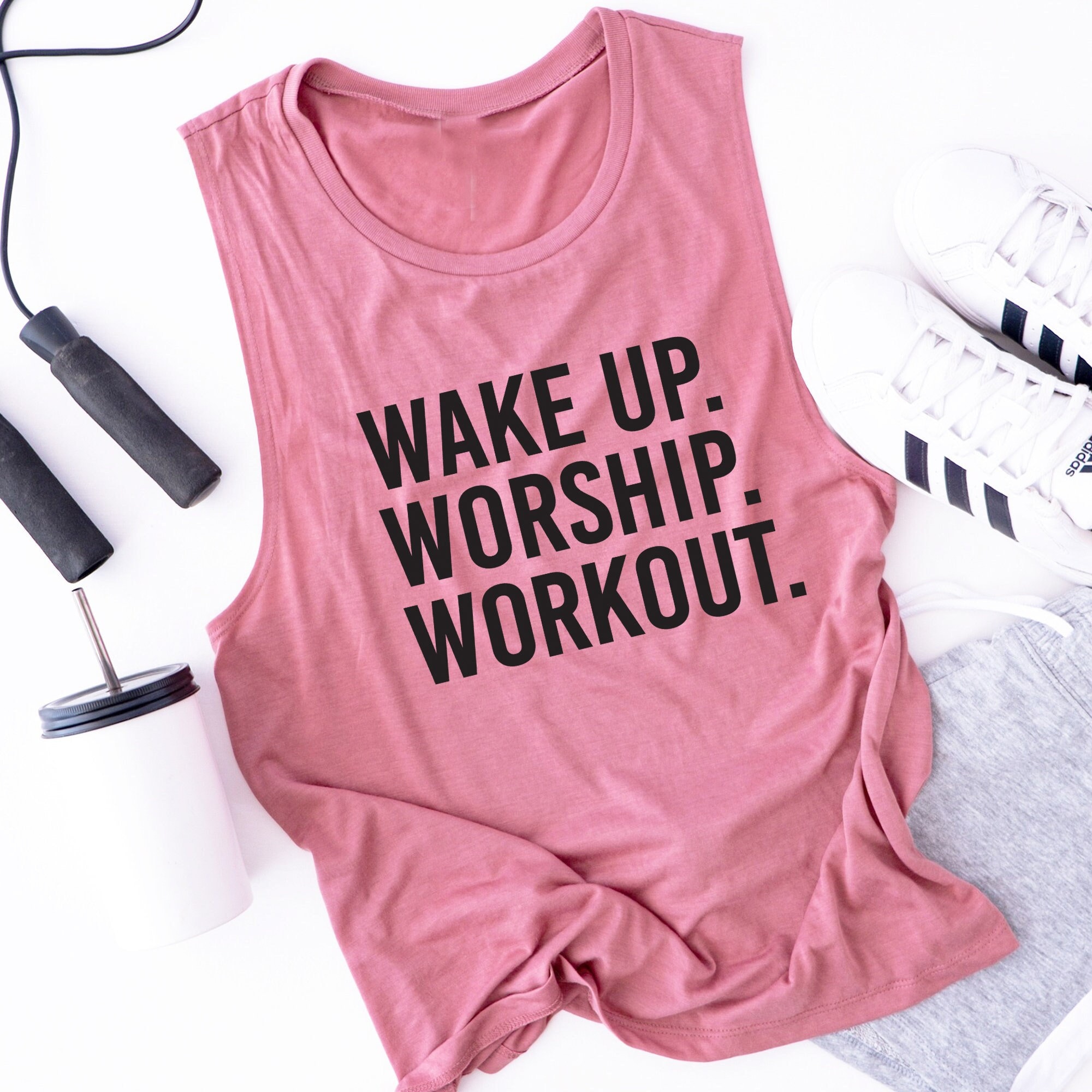 Workout Tank. Wake Up Worship Workout. Motivation. Christian Tank Top. Fueled By Jesus. Faith Fitness. Fitness Tank. Inspiration. Love Jesus