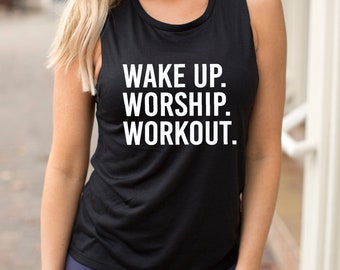 Workout Tank. Wake Up Worship Workout. Motivation. Christian Tank Top. Fueled By Jesus. Faith Fitness. Fitness Tank. Inspiration. Love Jesus