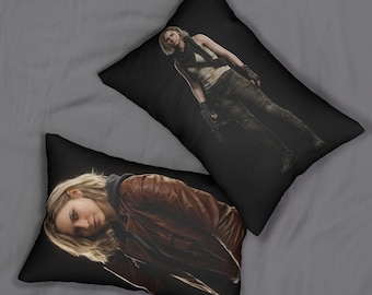 Grace Ashcroft, Resident Evil Requiem inspired, Portrait Lumbar Pillow | Dark Fashion Character Illustration