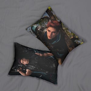 May include: Two rectangular throw pillows featuring digital illustrations of a character with short red hair. The top pillow shows the character leaning against a tree, while the bottom pillow depicts the character in a black vest holding a weapon.
