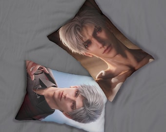 May include: Two decorative pillowcases featuring a man with silver hair. The pillowcases are white with a light blue background. The man is shown in two different poses. One pillowcase shows the man with his shirt off, while the other pillowcase shows the man wearing a black shirt.