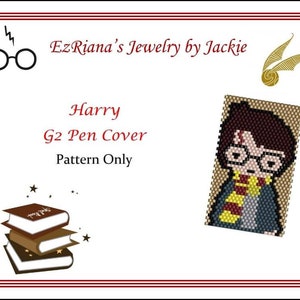 May include: A white background with a red border features a pixelated image of a character with glasses and a lightning bolt scar. Text reads "Harry G2 Pen Cover Pattern Only" with additional illustrations of books and a golden snitch.