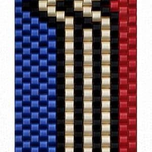 May include: A woven textile with a vertical design. The pattern features alternating stripes of black, cream, and black, with a blue section on the left and a red section on the right. The weave is tight and the colors are vibrant.