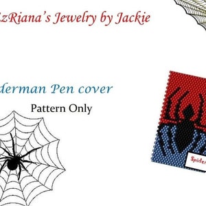 May include: A beaded Spiderman pen cover pattern. The design features a red and blue color scheme with a black spider silhouette. The image also includes spiderwebs and the text "Spiderman Pen cover Pattern Only".
