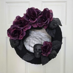 Halloween Deep Purple Flower and Skull Wreath
