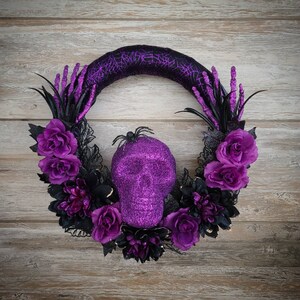 Halloween Purple and Black Skull with Hands Wreath