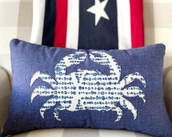 Crab pillow, Beach house decor, Blue crab Decor, Coastal pillow