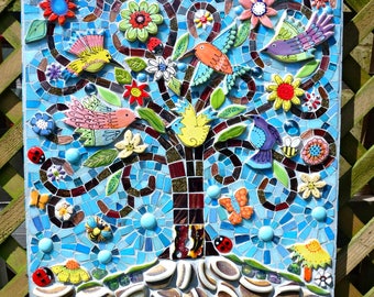 SOLDTree of life mosaic, mosaic wall art, garden wall art, tree of life decor, garden wall decor, circle of life art, birds and bees art