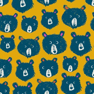 May include: A repeating pattern of navy blue bear faces with white muzzles, black eyes, and pink ears on a mustard yellow background. The bears have a textured, hand-drawn appearance, creating a playful and whimsical design.