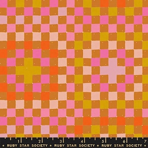 May include: A patterned fabric featuring a checkerboard design in shades of pink, orange, yellow, and brown. The fabric has a retro, geometric design. The text "RUBY STAR SOCIETY" is printed at the bottom.