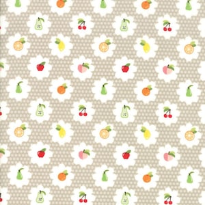 May include: A seamless pattern featuring white flowers with various fruits in the center, including oranges, lemons, pears, apples, peaches, and cherries. The background is a light brown with a subtle polka dot pattern.