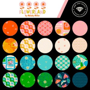 Op de afbeelding: Een collectie van twintig ronde stofstalen gerangschikt in een raster, met diverse patronen waaronder madeliefjes, vlinders, geometrische bogen en bloemenprints in een levendig kleurenpalet van oranje, roze, taling, groen en marineblauw.