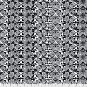 May include: Black and white repeating pattern featuring concentric circles and diamonds. The circles are outlined in black and have a white interior. The diamonds are solid black.