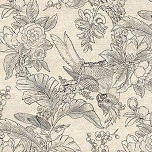 Könnte beinhalten: Eine Schwarzweißillustration einer tropischen Szene mit Vögeln und Blumen auf beigefarbenem Hintergrund.