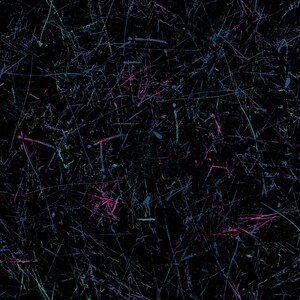 May include: Abstract digital artwork featuring a black backdrop overlaid with a chaotic arrangement of thin, colourful lines. The lines are predominantly teal, pink, and purple, forming a textured, dynamic pattern.