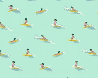 Malibu by Heather Ross -- Fat quarter of Tiny Surfers in Seafoam - 52146-6