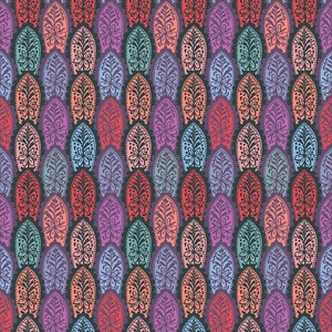May include: A seamless pattern featuring a repeating design of colorful, stylized leaves with intricate details. The leaves are arranged in rows and are set against a dark purple background.