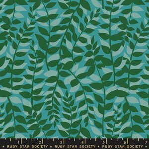 May include: A teal blue background with a repeating pattern of dark green leaves. The leaves are stylized and have a simple, geometric shape.