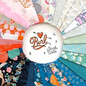May include: A collection of fabric squares featuring various patterns, including floral, geometric, and whimsical designs. The fabrics are arranged in a circle around a white plate with the text "Purl" and "Sarah Watts" in a handwritten style.
