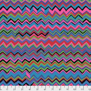 May include: Abstract pattern with a zig-zag design in shades of pink, blue, green, and black.