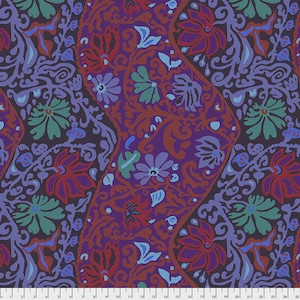 May include: Purple and red fabric with a repeating pattern of stylized flowers and leaves. The fabric has a vintage feel and would be perfect for a variety of sewing projects.