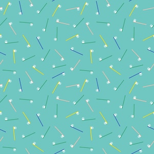 以下が含まれることがあります： ターコイズブルーの背景に、青、緑、黄、ピンクなど、さまざまな色の歯ブラシがシームレスにパターン化されています。