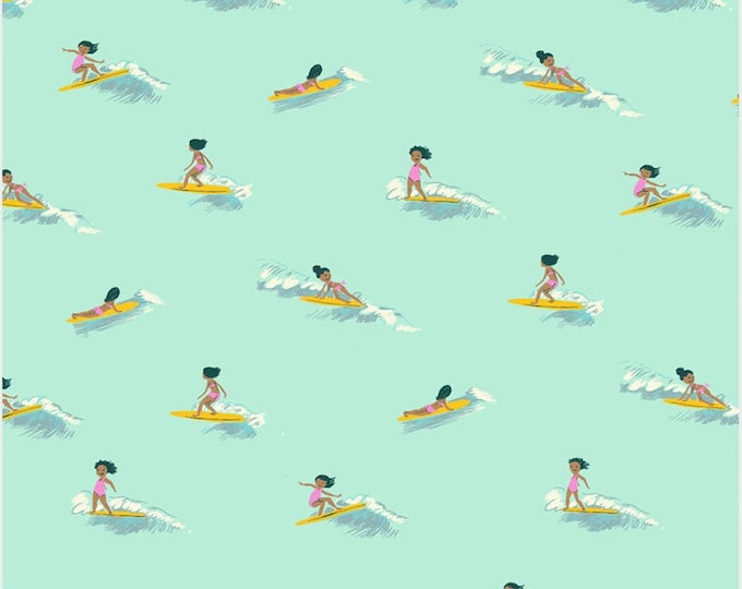 LAWN Malibu by Heather Ross for Windham Fabrics - Fat Quarter of Tiny Surfers in Seafoam