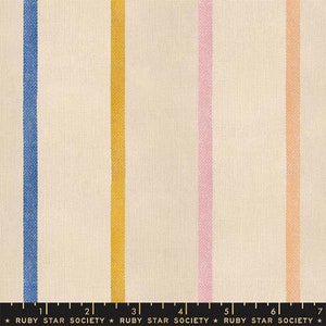 May include: A white fabric with vertical stripes in blue, yellow, pink, and peach. The fabric is a woven cotton blend and has a subtle texture.