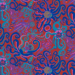 May include: A seamless pattern featuring blue, pink and teal octopus illustrations on a red background. The octopus tentacles are curled and have a dotted pattern.
