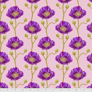 Könnte beinhalten: Ein nahtloses Muster mit violetten Mohnblumen mit rosafarbenen Zentren auf hellrosa Hintergrund. Die Blumen sind stilisiert und haben einen Vintage-Look.