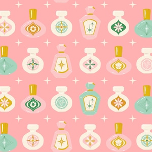May include: A seamless pattern featuring a variety of vintage perfume bottles with different coloured lids and designs on a pink background with white stars.