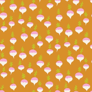 May include: A seamless pattern featuring a repeating design of white and pink turnip vegetables with green stems on a brown background.