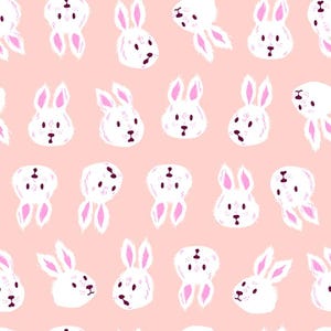 May include: A repeating pattern featuring white cartoon bunnies with pink inner ears and small black eyes and noses on a pale pink backdrop. The bunnies are arranged in different positions, creating a fun, whimsical design.