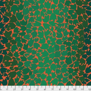 May include: A seamless pattern featuring a repeating design of green abstract shapes on an orange background.