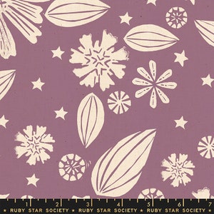 May include: Purple fabric with a white floral pattern. The pattern includes stylized flowers, leaves, and stars. The fabric has a textured surface.