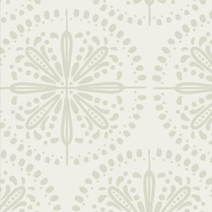 May include: A seamless pattern of white and light gray stylized floral designs. The pattern is made up of repeating circles with a central starburst shape and a series of dots around the edge.