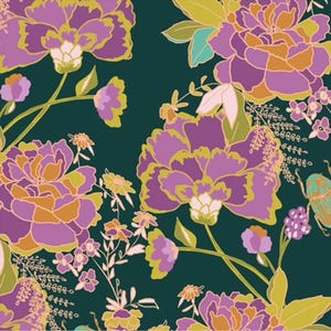 May include: A dark green background with a floral pattern featuring purple, pink, and gold flowers. The flowers are outlined in gold and have a vintage style.