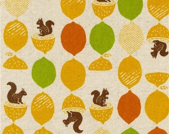 228885 Lemon and Squirrel Cotton Flax Fabric in  Natural Colour by Robert Kaufman = 25cm increment cut