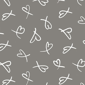 May include: A seamless pattern of white hand-drawn hearts on a gray background. The hearts are arranged in a random pattern and are all facing the same direction.