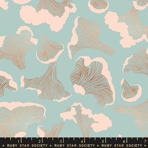 May include: A teal blue fabric with a repeating pattern of pink and copper-colored mushrooms. The mushrooms have a delicate, intricate design.